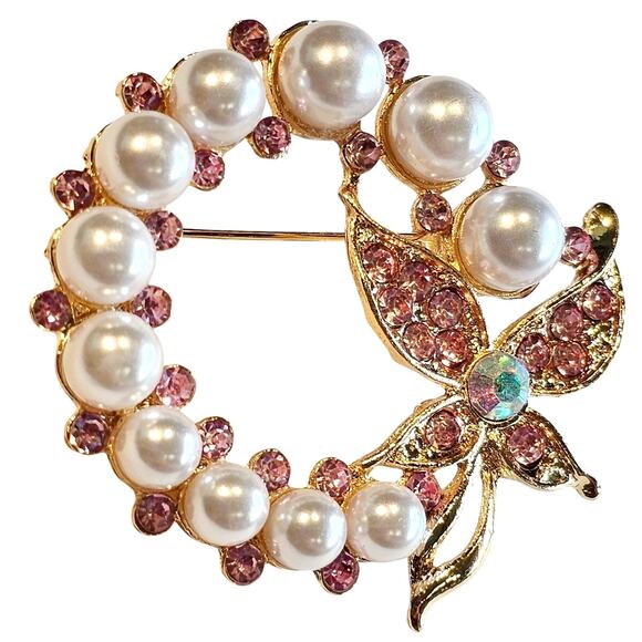 Pink Brooch Pin Faux Pearl Rhinestone Butterfly Gold Tone Wreath Gift Box - Picture 5 of 9